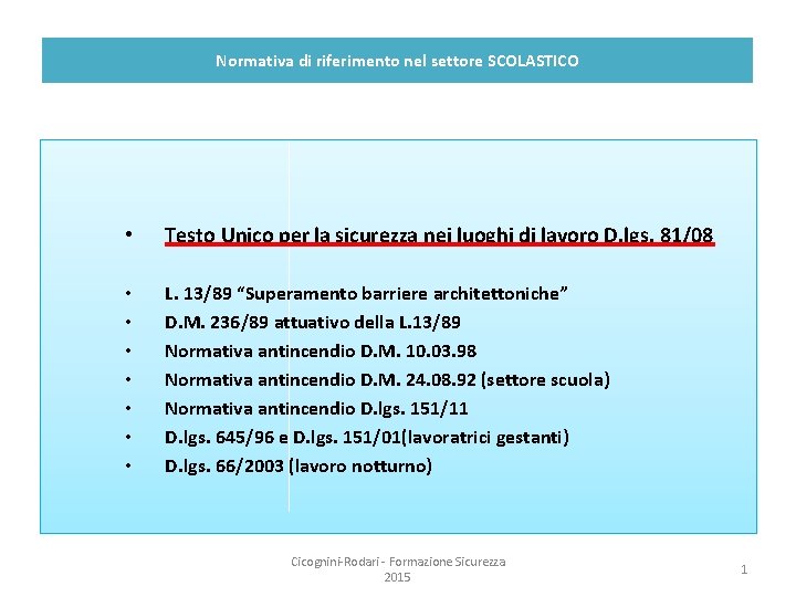 Normativa di riferimento nel settore SCOLASTICO • Testo Unico per la sicurezza nei luoghi