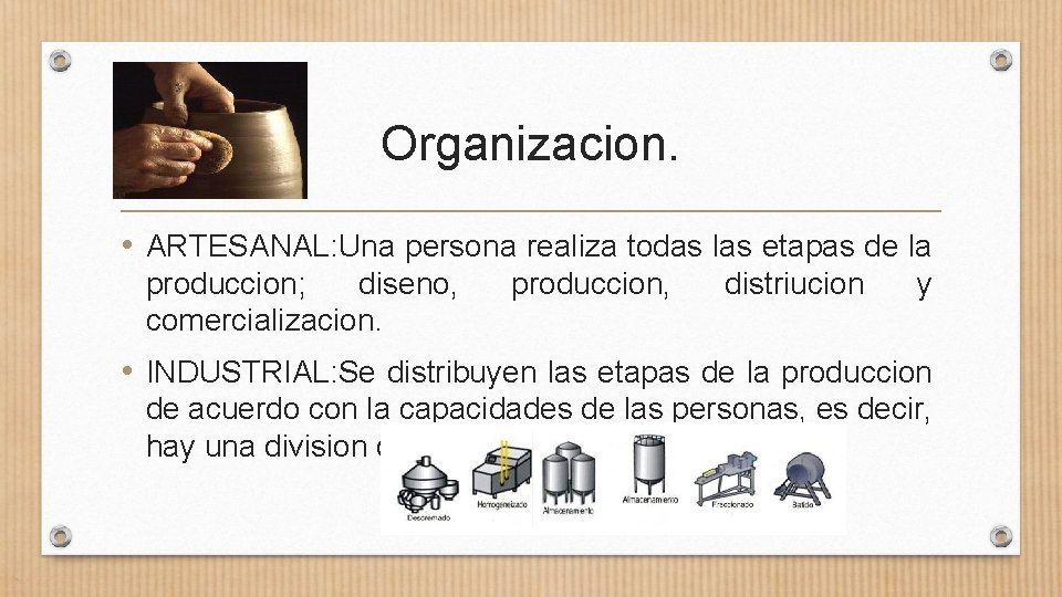 Organizacion. • ARTESANAL: Una persona realiza todas las etapas de la produccion; diseno, comercializacion.