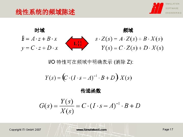 SIMULATION SOFTWARE 线性系统的频域陈述 ENGINEERING 时域 频域 I/O 特性可在频域中明确表示 (消除 Z): 传递函数 Copyright ITI Gmb.