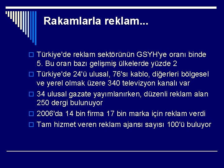 Rakamlarla reklam. . . o Türkiye'de reklam sektörünün GSYH'ye oranı binde o o 5.