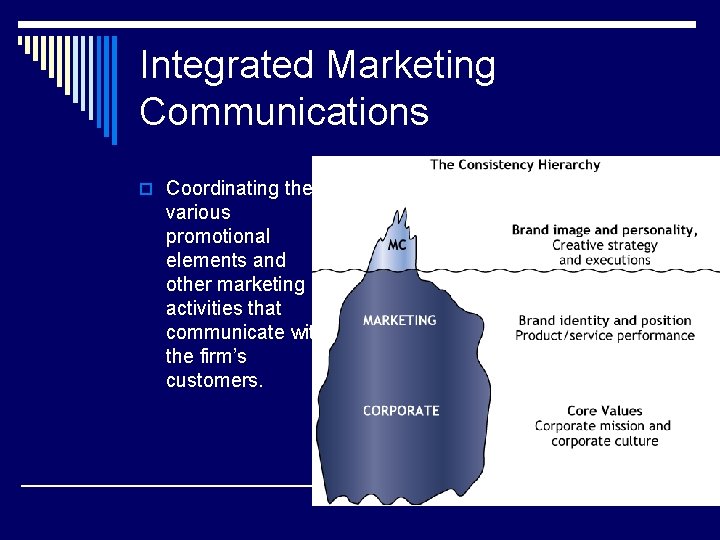 Integrated Marketing Communications o Coordinating the various promotional elements and other marketing activities that