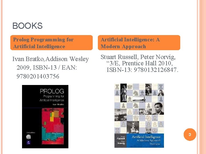 BOOKS Prolog Programming for Artificial Intelligence: A Modern Approach Ivan Bratko, Addison Wesley 2009,