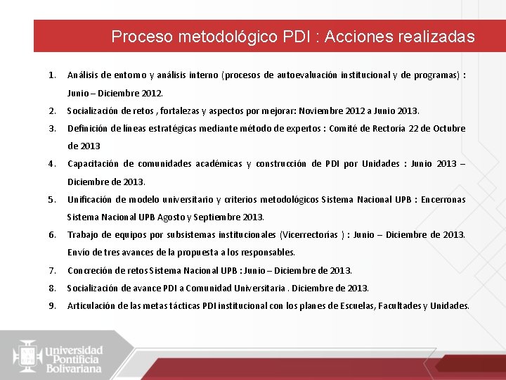 Proceso metodológico PDI : Acciones realizadas 1. Análisis de entorno y análisis interno (procesos