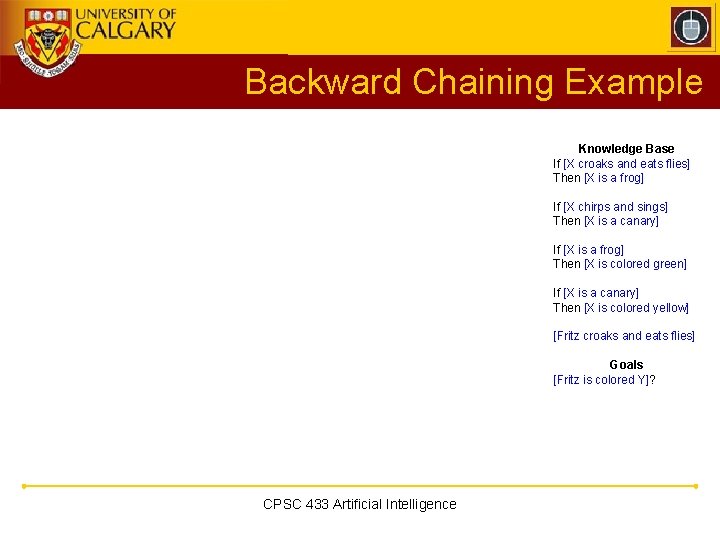Backward Chaining Example Knowledge Base If [X croaks and eats flies] Then [X is
