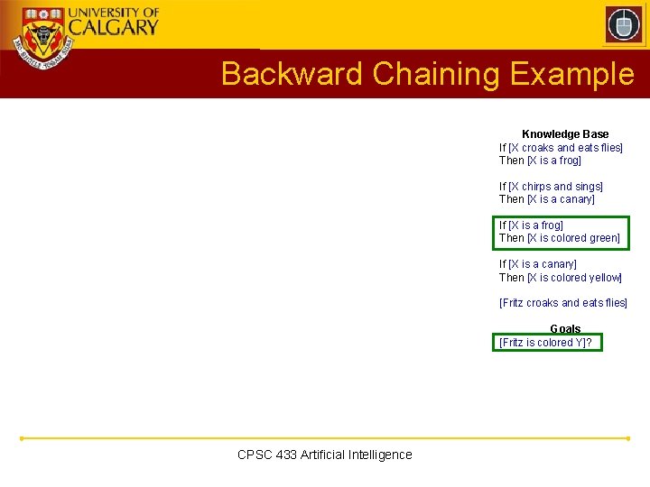 Backward Chaining Example Knowledge Base If [X croaks and eats flies] Then [X is