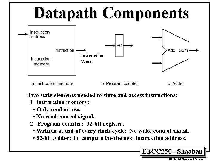 Datapath Components Instruction Word Two state elements needed to store and access instructions: 1