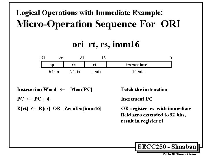 Logical Operations with Immediate Example: Micro-Operation Sequence For ORI ori rt, rs, imm 16