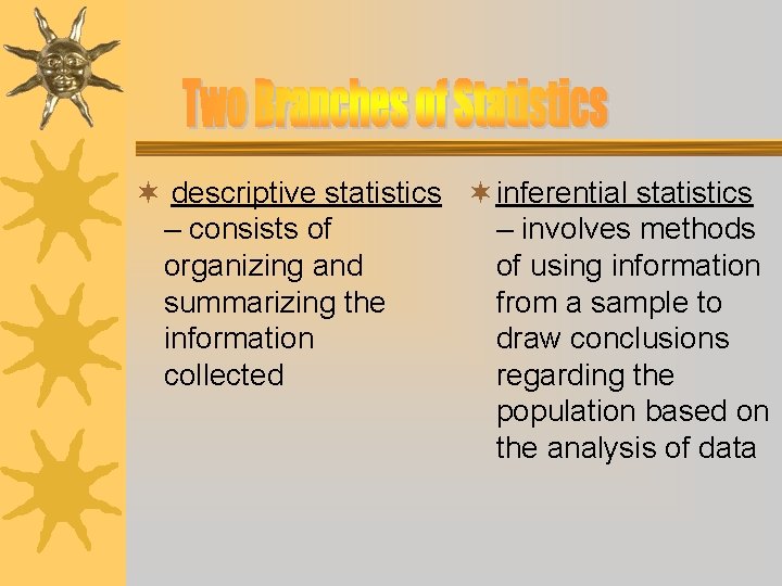 ¬ descriptive statistics ¬ inferential statistics – consists of – involves methods organizing and