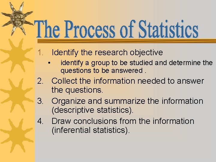 1. Identify the research objective • identify a group to be studied and determine