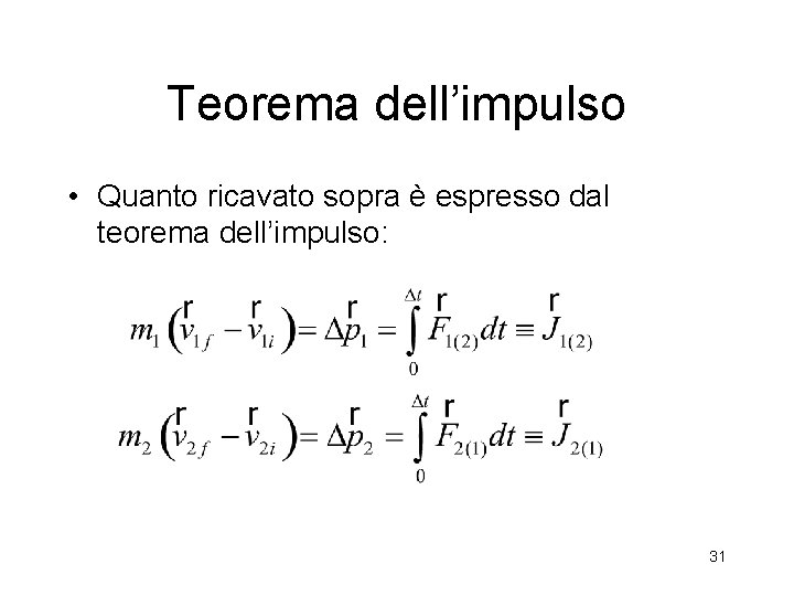 Teorema dell’impulso • Quanto ricavato sopra è espresso dal teorema dell’impulso: 31 