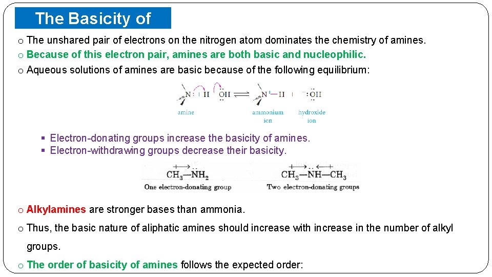 The Basicity of o The unshared pair of electrons on the nitrogen atom dominates
