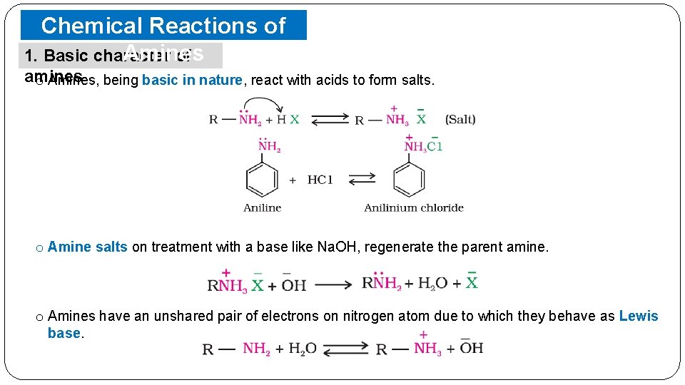 Chemical Reactions of Amines 1. Basic character of amines o Amines, being basic in