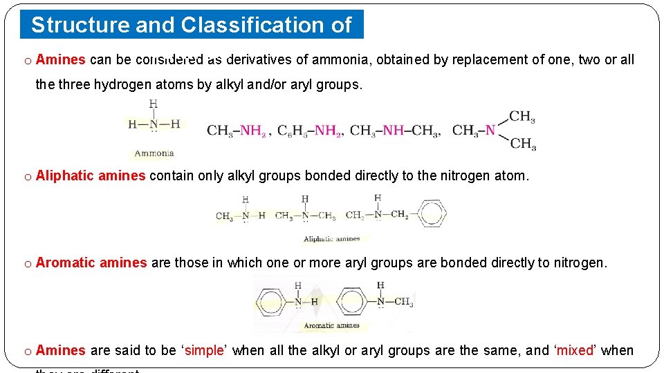 Structure and Classification of Amines o Amines can be considered as derivatives of ammonia,