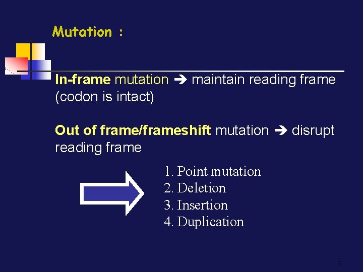 Mutation : In-frame mutation maintain reading frame (codon is intact) Out of frame/frameshift mutation