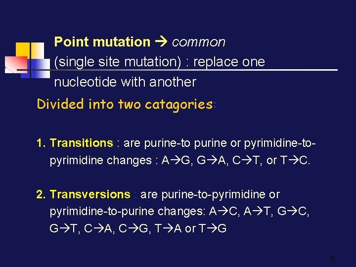 Point mutation common (single site mutation) : replace one nucleotide with another Divided into