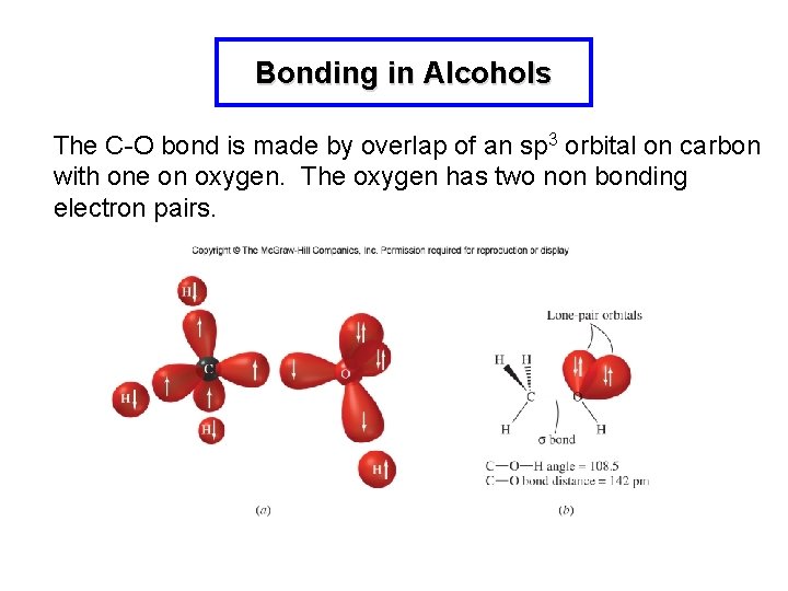 Bonding in Alcohols The C-O bond is made by overlap of an sp 3