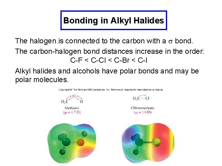 Bonding in Alkyl Halides The halogen is connected to the carbon with a s