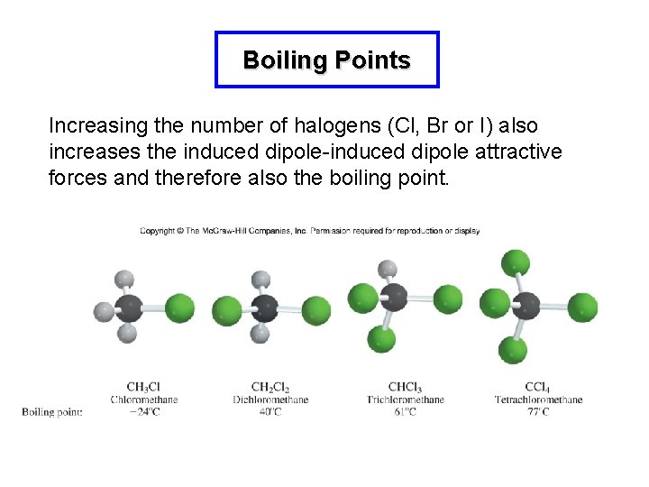 Boiling Points Increasing the number of halogens (Cl, Br or I) also increases the