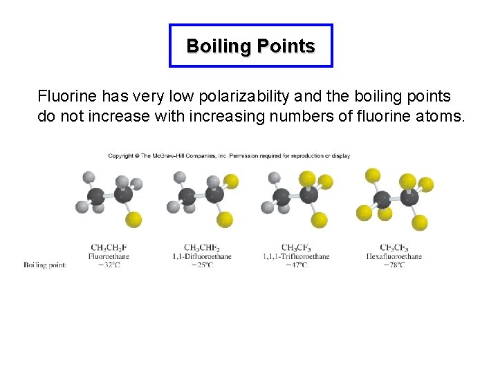 Boiling Points Fluorine has very low polarizability and the boiling points do not increase