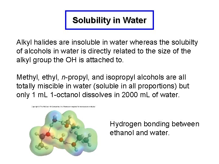 Solubility in Water Alkyl halides are insoluble in water whereas the solubilty of alcohols