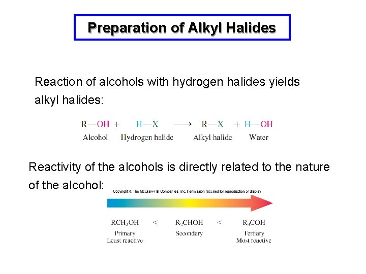 Preparation of Alkyl Halides Reaction of alcohols with hydrogen halides yields alkyl halides: Reactivity