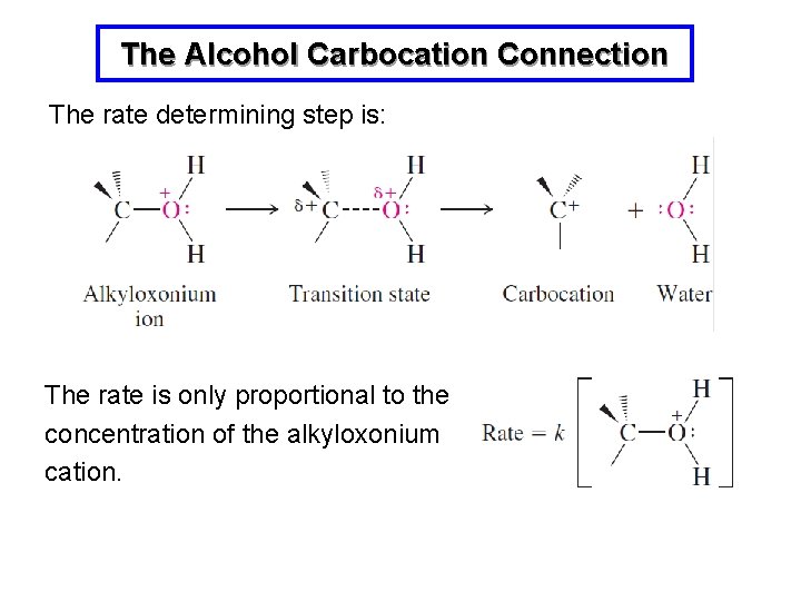 The Alcohol Carbocation Connection The rate determining step is: The rate is only proportional