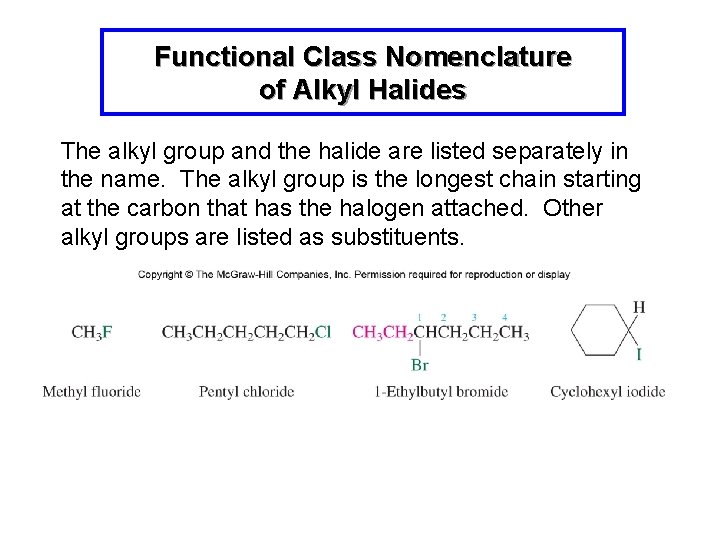 Functional Class Nomenclature of Alkyl Halides The alkyl group and the halide are listed