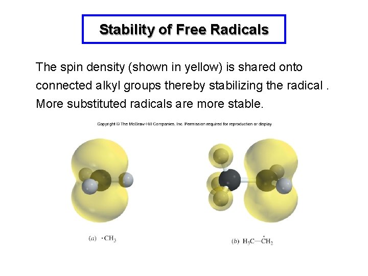 Stability of Free Radicals The spin density (shown in yellow) is shared onto connected