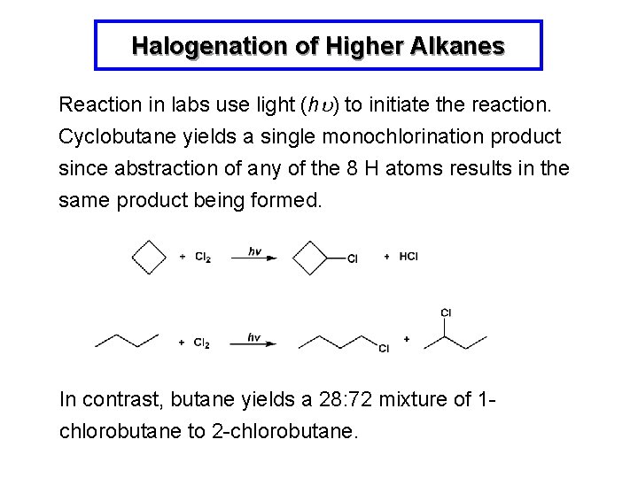 Halogenation of Higher Alkanes Reaction in labs use light (hu) to initiate the reaction.