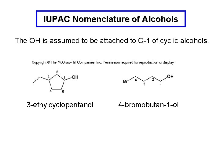 IUPAC Nomenclature of Alcohols The OH is assumed to be attached to C-1 of