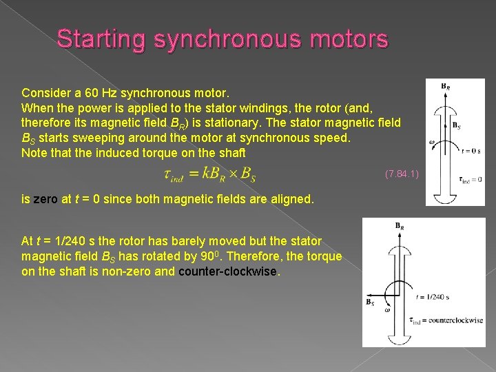 Starting synchronous motors Consider a 60 Hz synchronous motor. When the power is applied