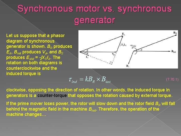 Synchronous motor vs. synchronous generator Let us suppose that a phasor diagram of synchronous