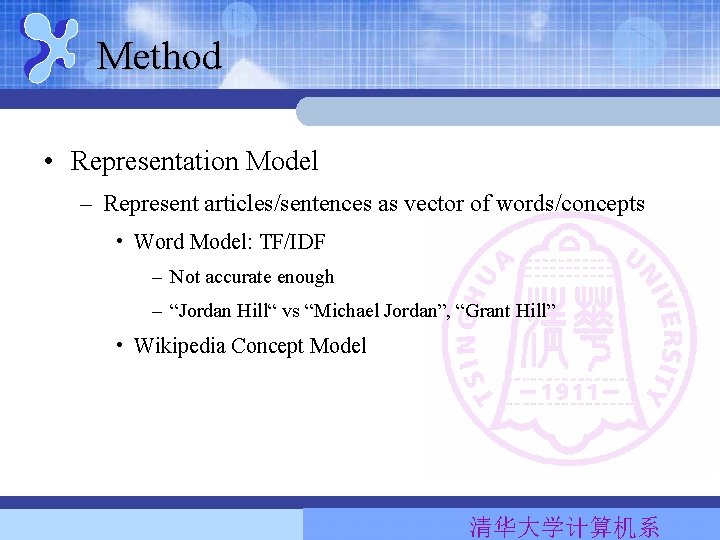 Method • Representation Model – Represent articles/sentences as vector of words/concepts • Word Model: Method • Representation Model – Represent articles/sentences as vector of words/concepts • Word Model:
