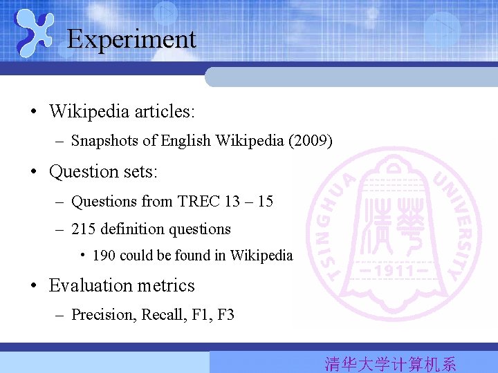 Experiment • Wikipedia articles: – Snapshots of English Wikipedia (2009) • Question sets: – Experiment • Wikipedia articles: – Snapshots of English Wikipedia (2009) • Question sets: –