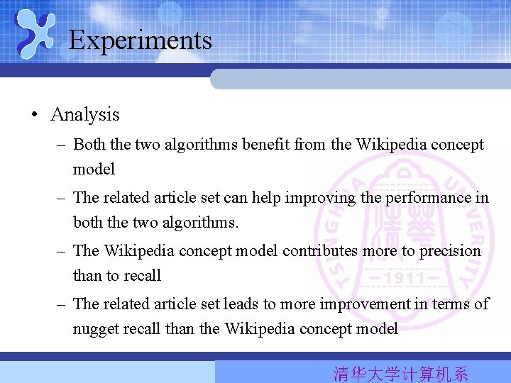 Experiments • Analysis – Both the two algorithms benefit from the Wikipedia concept model Experiments • Analysis – Both the two algorithms benefit from the Wikipedia concept model