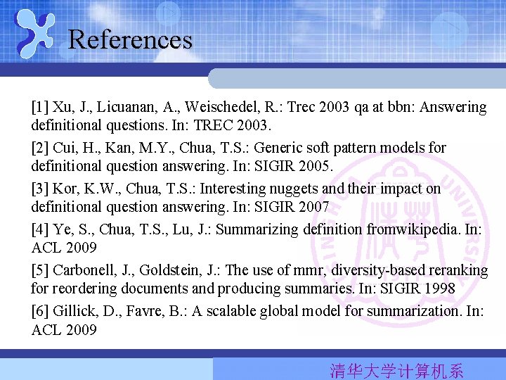 References [1] Xu, J. , Licuanan, A. , Weischedel, R. : Trec 2003 qa