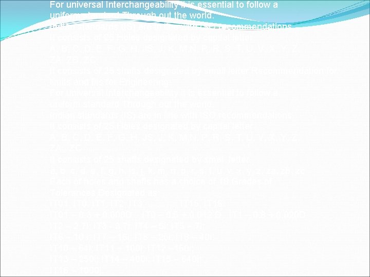 For universal Interchangeability it is essential to follow a uniform standard Through out the For universal Interchangeability it is essential to follow a uniform standard Through out the