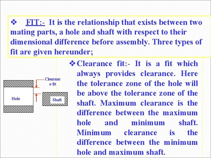FIT: - It is the relationship that exists between two mating parts, a FIT: - It is the relationship that exists between two mating parts, a