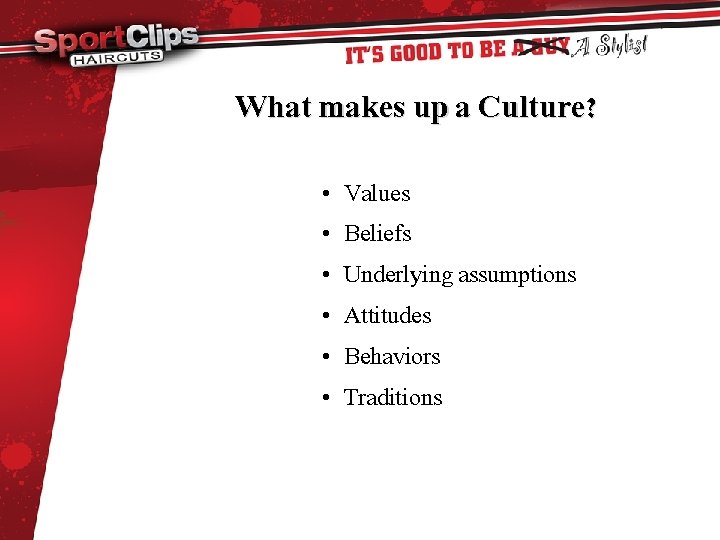 What makes up a Culture? • Values • Beliefs • Underlying assumptions • Attitudes