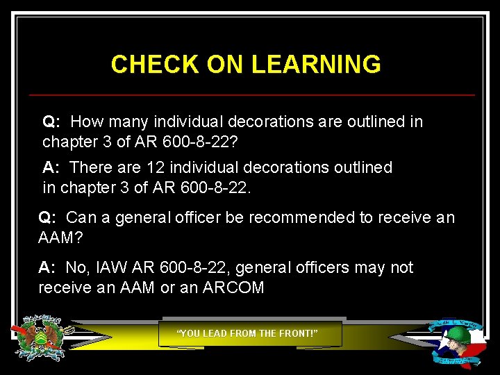 CHECK ON LEARNING Q: How many individual decorations are outlined in chapter 3 of CHECK ON LEARNING Q: How many individual decorations are outlined in chapter 3 of