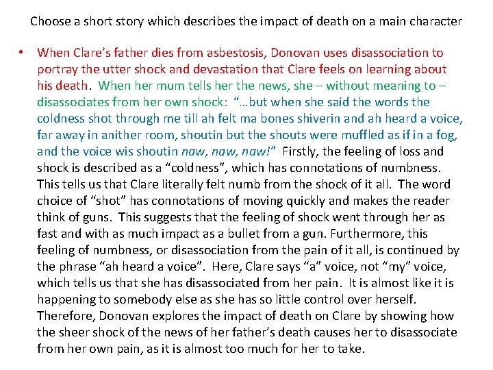 Choose a short story which describes the impact of death on a main character