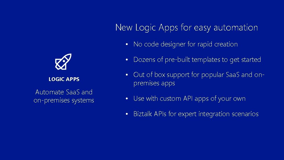 New Logic Apps for easy automation • No code designer for rapid creation •