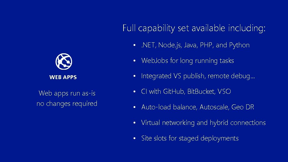 Full capability set available including: • . NET, Node. js, Java, PHP, and Python