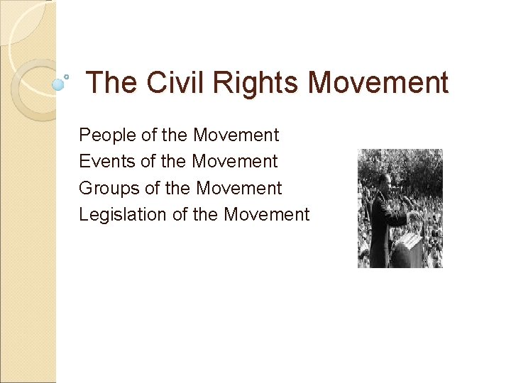 The Civil Rights Movement People of the Movement Events of the Movement Groups of