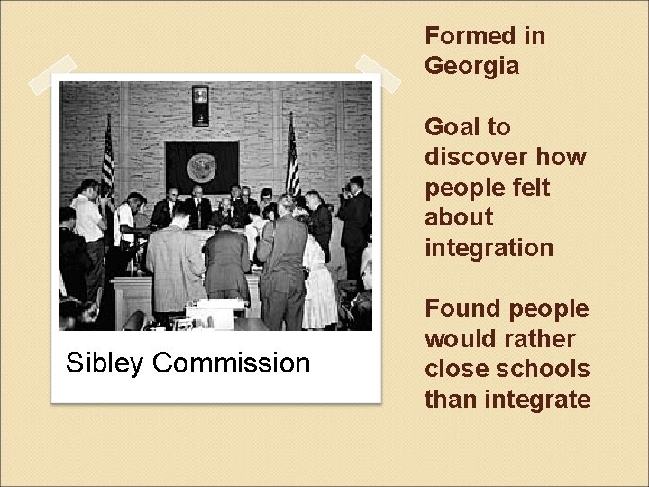 Formed in Georgia Goal to discover how people felt about integration Sibley Commission Found