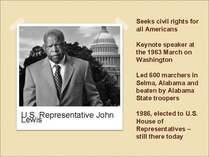 Seeks civil rights for all Americans Keynote speaker at the 1963 March on Washington