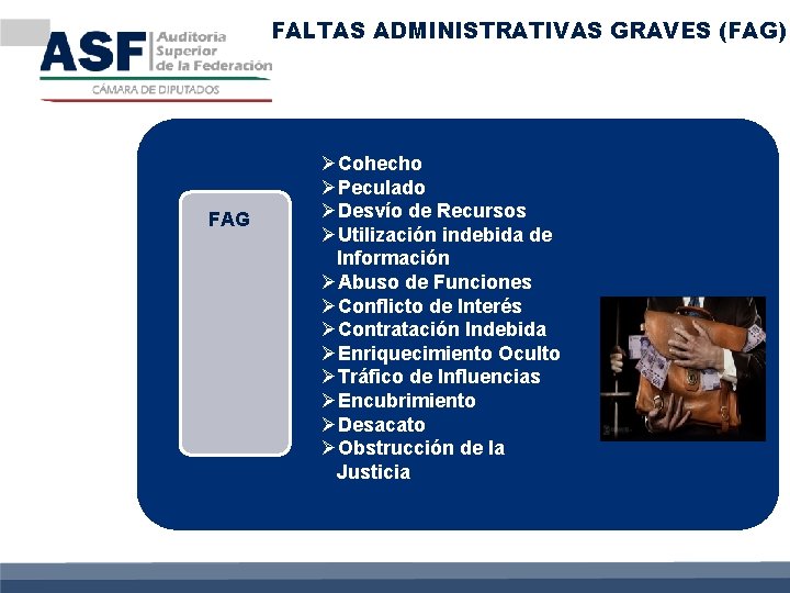 FALTAS ADMINISTRATIVAS GRAVES (FAG) FAG ØCohecho ØPeculado ØDesvío de Recursos ØUtilización indebida de Información