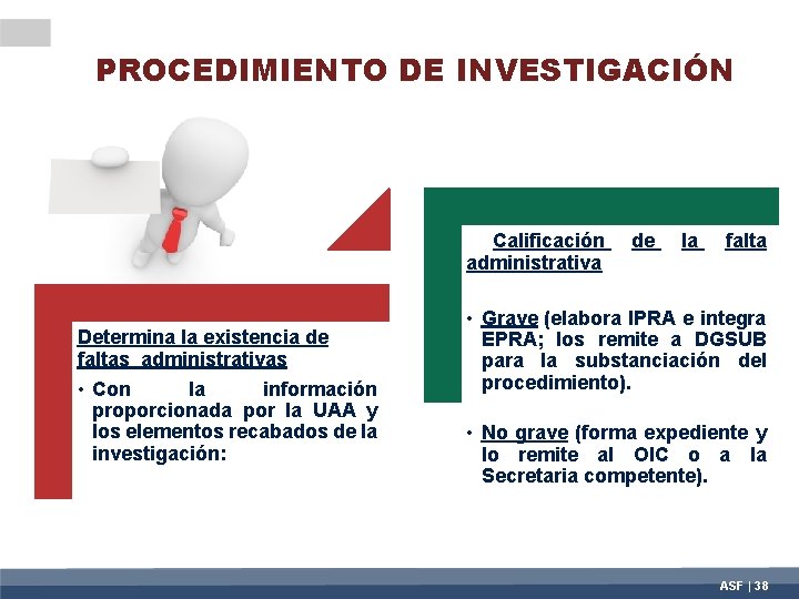 PROCEDIMIENTO DE INVESTIGACIÓN Calificación administrativa Determina la existencia de faltas administrativas • Con la