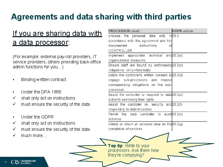 Agreements and data sharing with third parties If you are sharing data with a