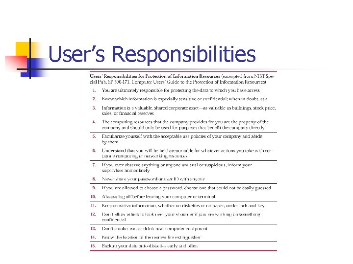 User’s Responsibilities User’s Responsibilities